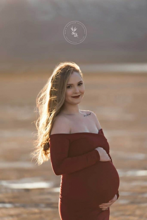 Dear Greyson maternity photographer Las Vegas red maternity gown